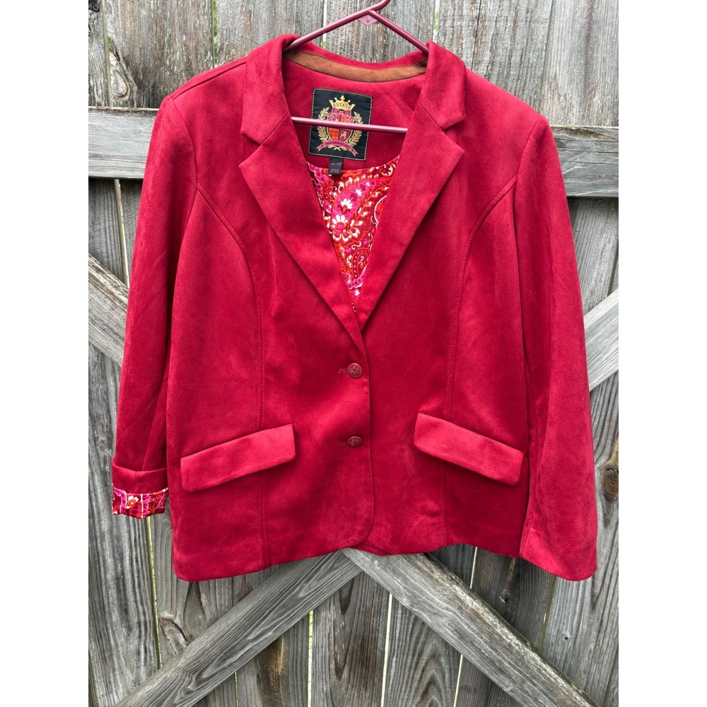 Isaac Mizrahi Live Estate Red Faux Suede Blazer Paisley Lining XLP A664243